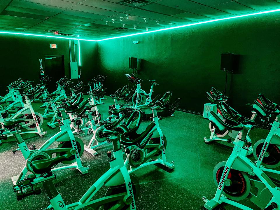 JoyRyde Knox Cycling Studio Halls is equipped with 20 bikes. The lighting and sound system make for a fun fitness experience. March 8, 2023.