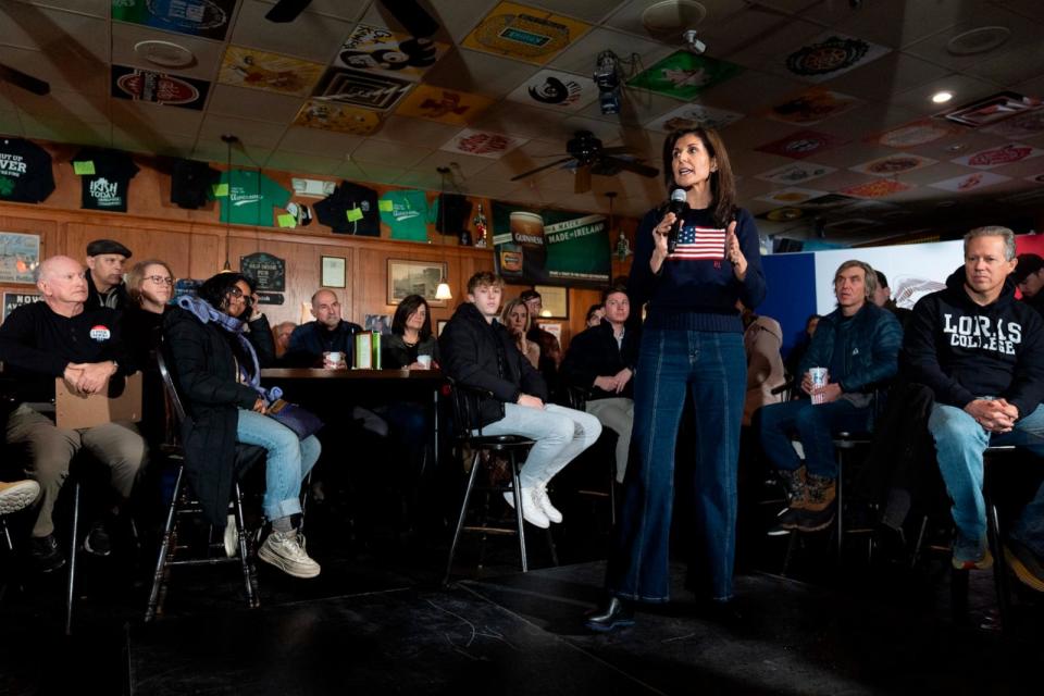 PHOTO: Republican presidential candidate former UN Ambassador Nikki Haley, speaks at a campaign event at Mickey's Irish Pub in Waukee, Iowa, Jan 9, 2024. (Carolyn Kaster/AP)