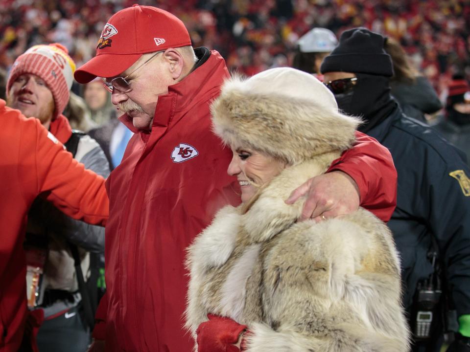 Andy Reid walks with his wife Tammy Reid after the game against the Cincinnati Bengals on January 29th, 2023 at Arrowhead Stadium in Kansas City, Missouri