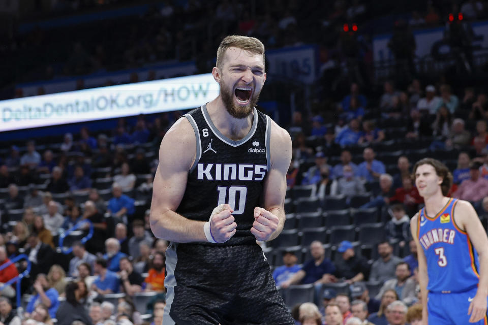 Sacramento Kings forward Domantas Sabonis celebrates after scoring a basket during a game this season. (Alonzo Adams/USA TODAY Sports)