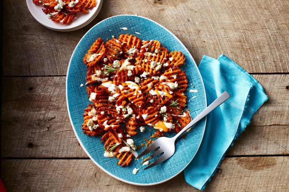 Buffalo-Style Sweet Potato Waffle Fries