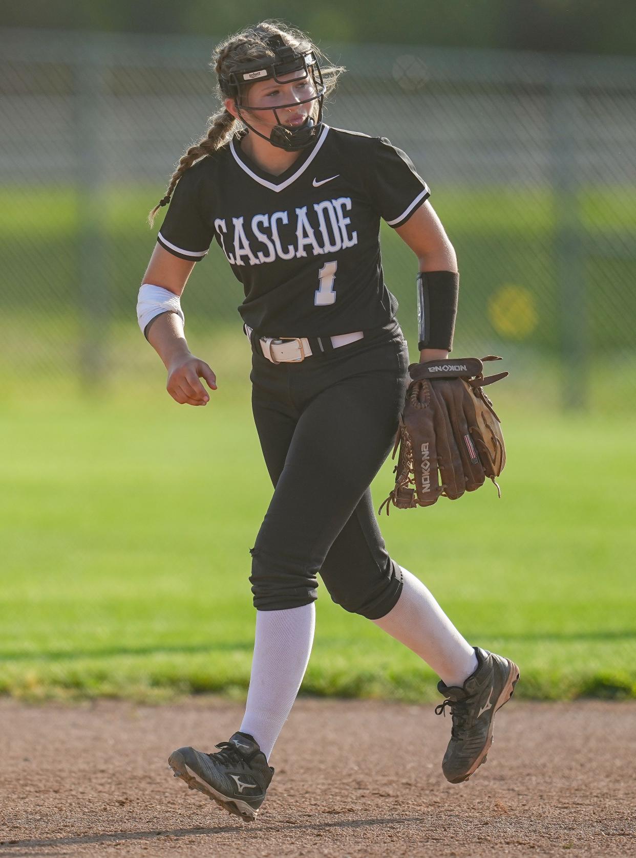 Cascade Cadets Ava Allen (1) runs between bases during the game against the Tri-West Bruins on Friday, May 20, 2022, at Tri-West High School in Lizton. 