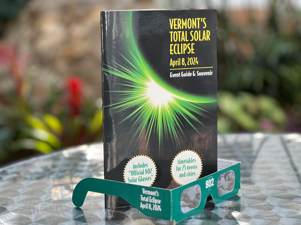 Vermont's Total Solar Eclipse Event Guide & Souvenir is a book of useful information that comes with a pair of solar glasses to guide Vermonters' enjoyment of the total solar eclipse on April 8, 2024. Local fishing guide maker and astronomy hobbyist, Peter Shea, created the book which is on sale in local book shops and gift stores across Vermont. Pictured May 10, 2023.