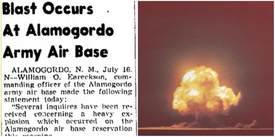 A composite image showing, left, a news clipping with the headline "Blast occurs at Alamogordo Army Air Base" in the Clovis News Journal, July 16 1945, and right, a red-and-yellow, possibly colorized image of the the mushroom cloud of the Trinity nuclear test in New Mexico the same day.