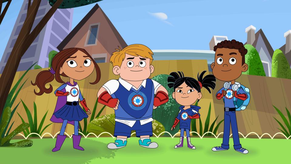 This image released by PBS Kids shows characters from the TV series "Hero Elementary," from left, Lucita Sky, Benny Bubbles, Sara Snap and AJ Gadgets, a superhero who has the ability to make super gadgets – and who also happens to be on the Autism spectrum. The series premieres Monday, June 1 on PBS stations. (PBS Kids via AP)