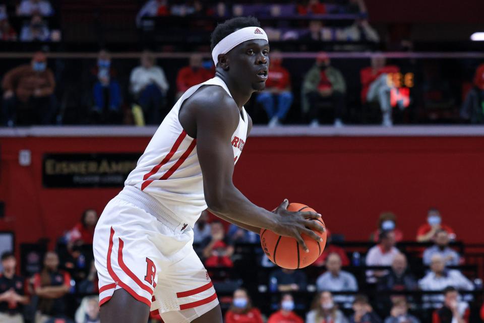 Rutgers Scarlet Knights forward Mawot Mag (3) looks to pass against the Merrimack Warriors during the first half at Jersey Mike's Arena.