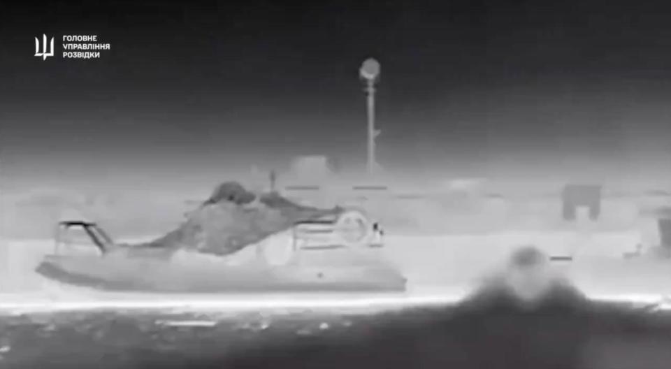 A Ukrainian Magura V5 naval drone approaches a Russian boat in the occupied Crimean peninsula.
