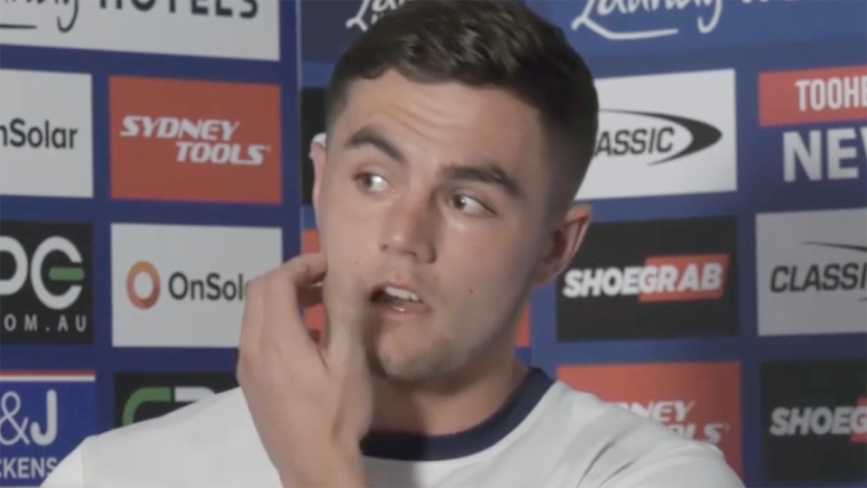 Canterbury's Kyle Flanagan had to compose himself when asked about his father Shane's advice during a media session on Tuesday, and was hours later dropped from the team. Picture: Fox League