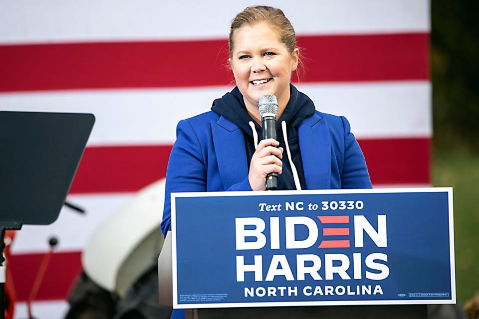 <p>Amy Schumer speaks at a campaign rally for Democratic presidential nominee Joe Biden and Sen. Kamala Harris on Saturday in Charlotte, North Carolina.</p>