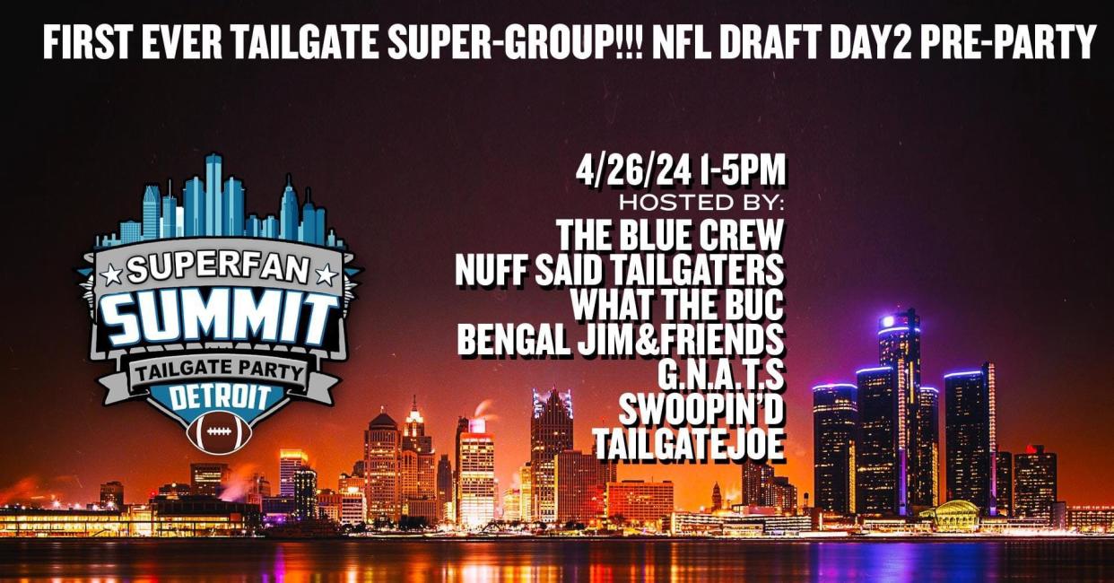 Promotional flyer for Superfan Summit tailgate party to be held April 26 from 1 to 5 p.m. in Detroit amid the 2024 NFL Draft.