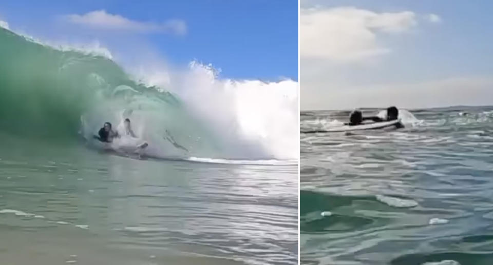 A bodyboarder and stand-up surfer collide on a wave at Snapper Rocks. The surfer is then seen punching the bodyboarder. 