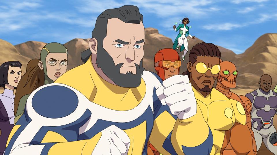 Melise (Dupli-Kate), Grey Griffin (Shrinking Ray), Ross Marquand (The Immortal), Jason Mantzoukas (Rex Splode), Jay Pharaoh (Bulletproof), Zachary Quinto (Robot) and Khary Payton (Black Samson) in Season 2 of "Invincible".