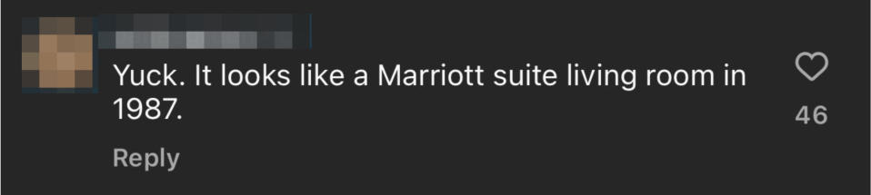 A social media comment by user "pallasgreen" saying, "Yuck. It looks like a Marriott suite living room in 1987." with 46 likes