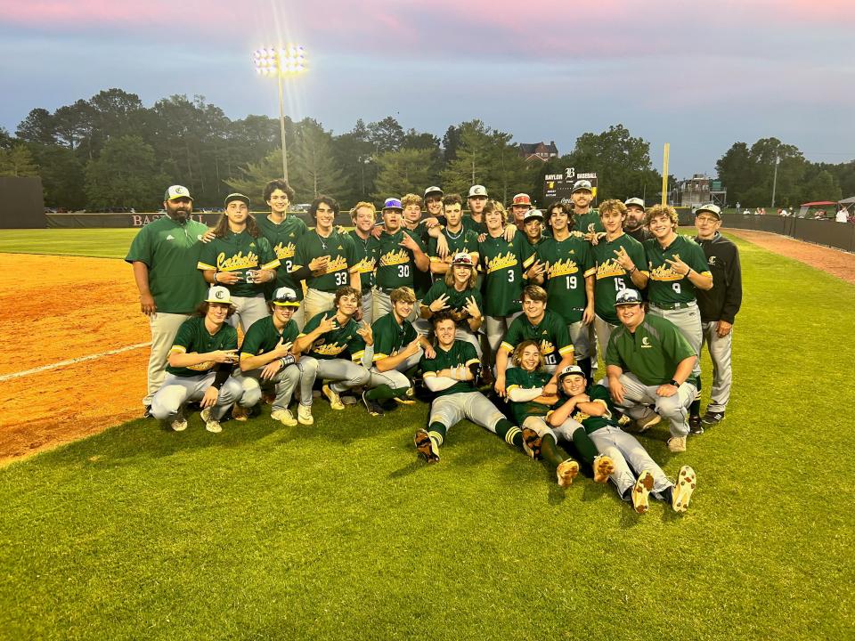 The Catholic High School baseball team celebrates advancing to the final four of the Division II-AA state tournament after defeating Baylor in Chattanooga.