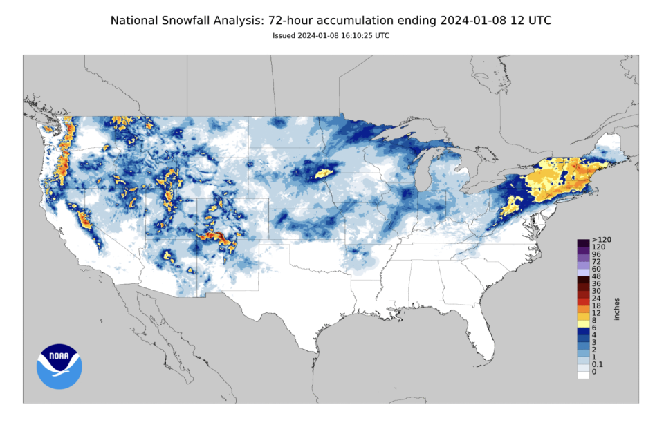 Map shows amounts of snow accumulation as of Monday, Jan. 8, 2024. / Credit: National Weather Service / NOAA