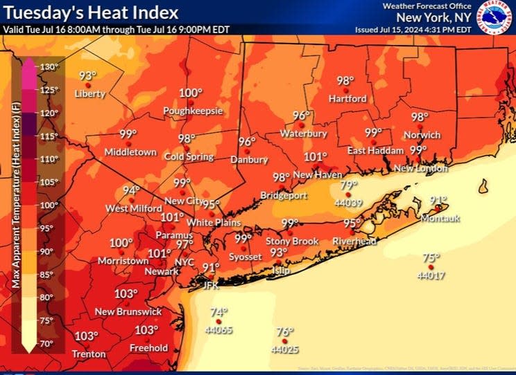The National Weather Service forecasted heat index for Wednesday, July 16, 2024.