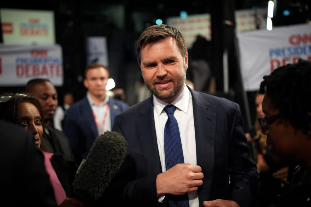 U.S. Sen. J.D. Vance, R-Ohio, speaks to reporters in the spin room following the CNN Presidential Debate between U.S. President Joe Biden and former U.S. President Donald Trump on June 27, 2024, at the McCamish Pavilion on the Georgia Institute of Technology campus in Atlanta, Georgia