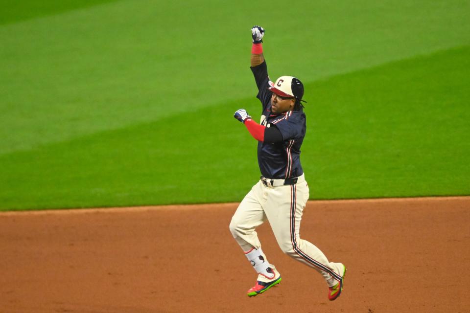 Cleveland Guardians third baseman Jose Ramirez (11) celebrates his solo home run in the eighth inning against the Minnesota Twins on Friday in Cleveland.