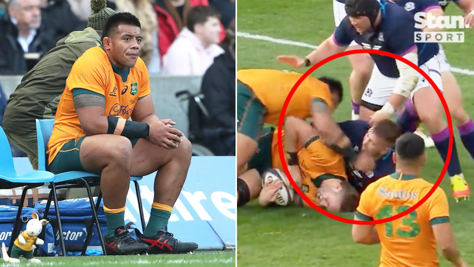 Pictured right, the Allan Alaalatoa that saw the Wallabies forward sin-binned against Scotland.