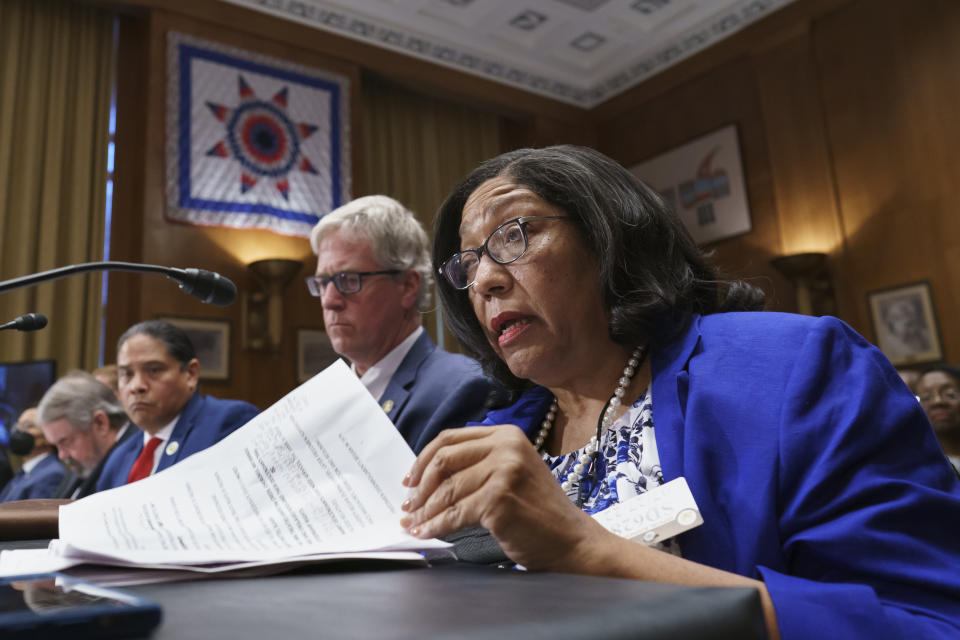 Marilyn Vann, president of the Descendants of Freedmen of the Five Tribes Association of Oklahoma City, testifies before the Senate Indian Affairs Committee about the status of the descendants of enslaved people formerly held by the Muscogee (Creek), Chickasaw, Choctaw, Seminole and Cherokee Nations, at the Capitol in Washington, Wednesday, July 27, 2022. (AP Photo/J. Scott Applewhite)