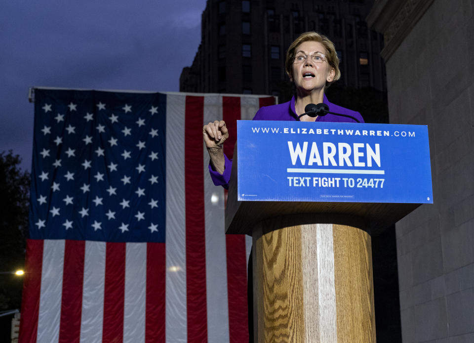 Democratic presidential candidate U.S. Sen. Elizabeth Warren addresses supporters at a rally, Monday, Sept. 16, 2019, in New York. (AP Photo/Craig Ruttle)