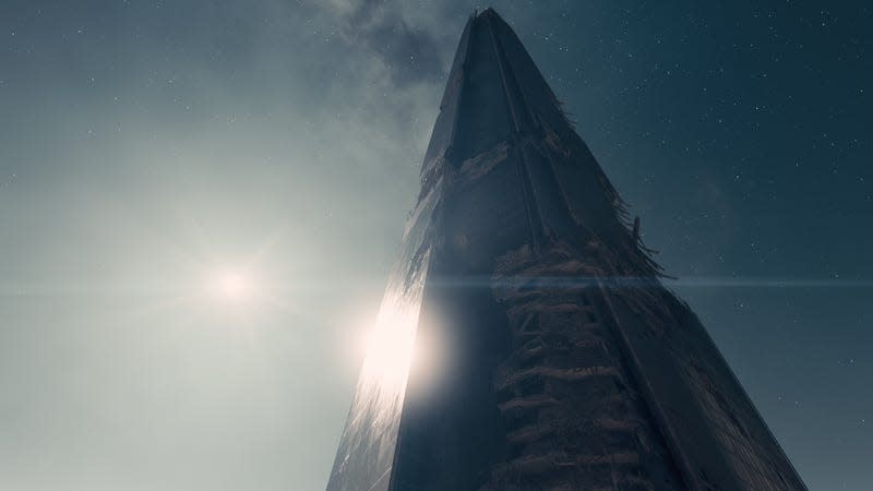 An abandoned tower looms over the player in Starfield.