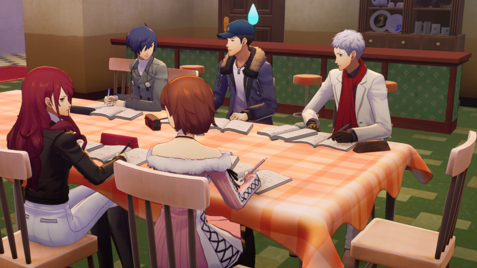 A screenshot showing the cast of Persona 3 Reload studying together at their dorm
