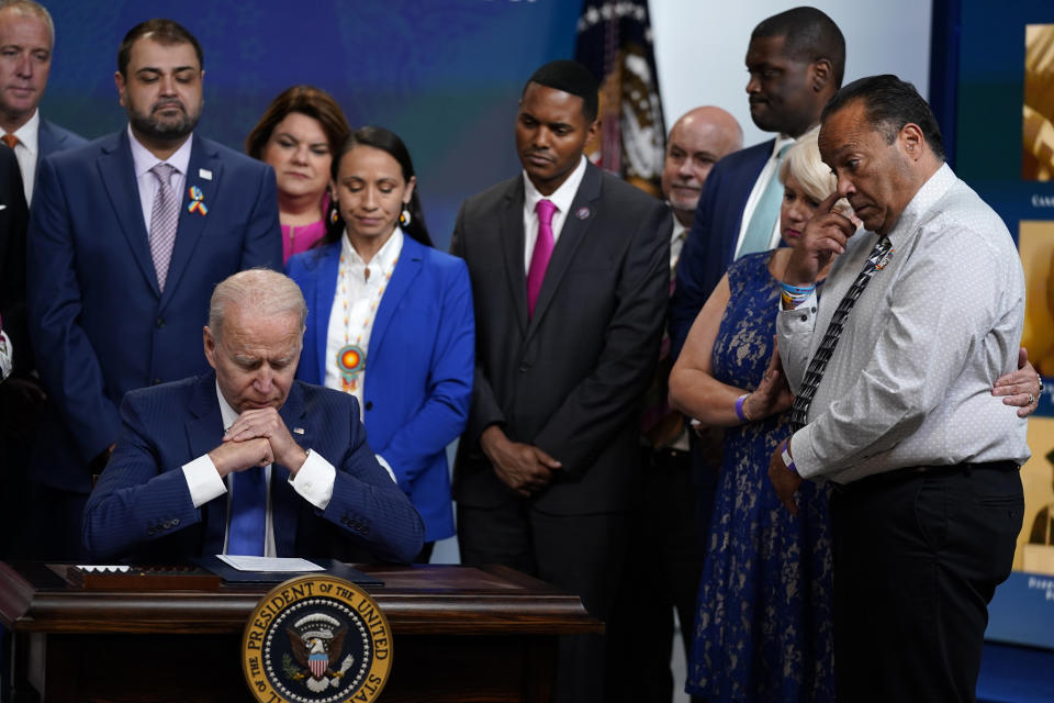 President Joe Biden pauses while speaking before signing the National Pulse Memorial bill into law during an event in the South Court Auditorium on the White House campus, Friday, June 25, 2021, in Washington. (AP Photo/Evan Vucci)