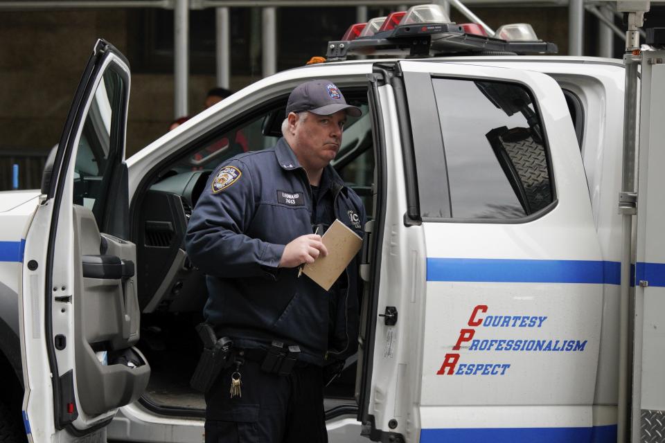 New York Police Department officers of the emergency service unit arrive at the courthouse after powder in an envelope meant for the district attorney's office was found, Friday, March 24, 2023, in New York. A non-threatening powdery substance was found Friday in an envelope marked “Alvin” in a mailroom at the offices of Manhattan District Attorney Alvin Bragg, the latest security scare as the prosecutor weighs a potential historic indictment of former President Donald Trump, authorities said. (AP Photo/Eduardo Munoz Alvarez)
