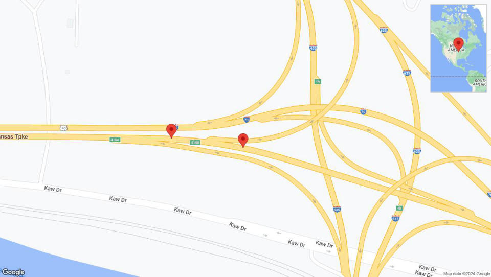 A detailed map that shows the affected road due to 'Broken down vehicle on eastbound I-70 in Kansas City' on July 26th at 3:17 p.m.