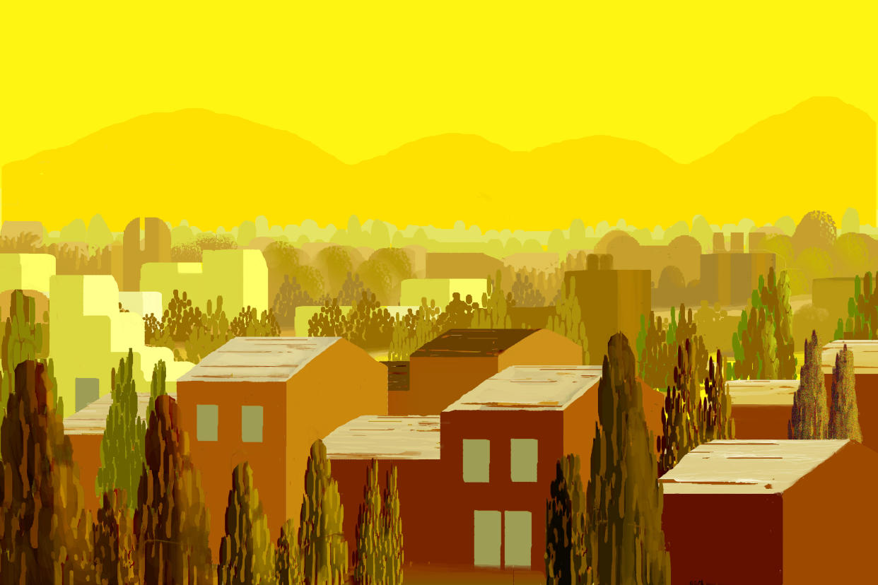 Suburban Rows of Tract Houses in California Landscape in bright yellow sunlight and brown colors Illustration