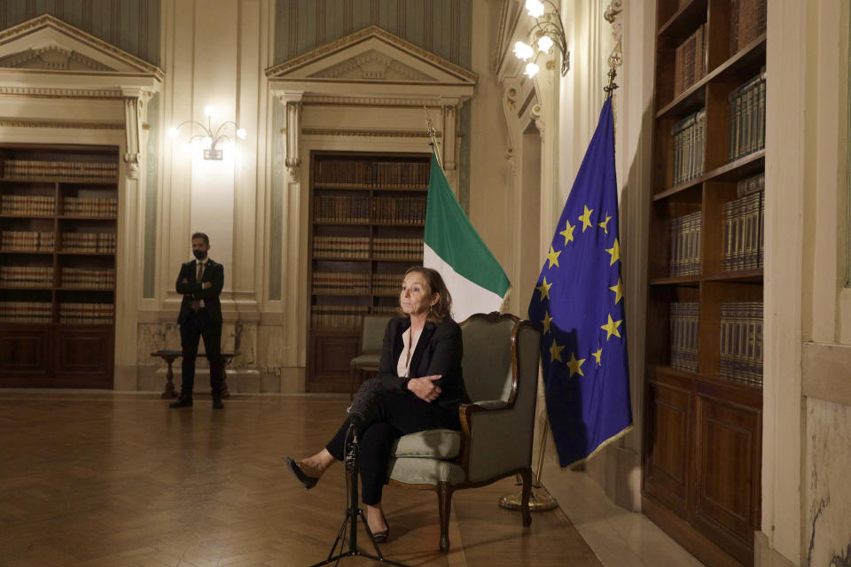 Italian Interior Minister Luciana Lamorgese answers reporters' questions during an interview with the Associated Press at the Interior Ministry headquarters in Rome Friday, Oct. 30, 2020. Italy’s interior minister confirmed Friday that the suspect in Nice's attack was ordered to leave Italy on Oct. 9. Minister Luciana Lamorgese did not give further details on what, if any action, was taken to ensure the man complied with the order, but said he was not flagged by either Tunisian authorities nor by intelligence agencies. (AP Photo/Gregorio Borgia)