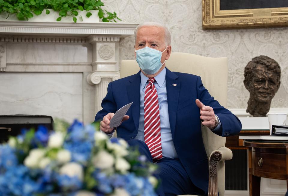 US President Joe Biden holds a meeting with US Senators about infrastructure improvements in the Oval Office of the White House in Washington, DC, February 11, 2021. (Photo by SAUL LOEB / AFP) (Photo by SAUL LOEB/AFP via Getty Images)