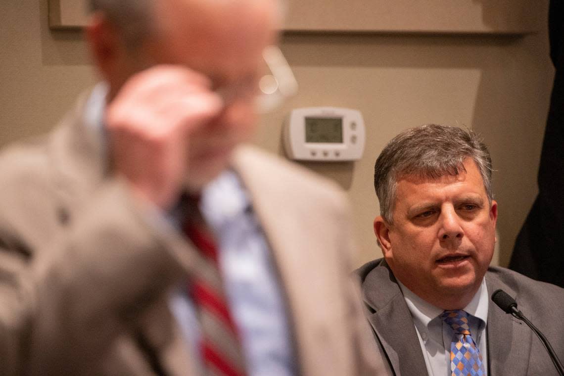 Chris Wilson, a trial attorney, is questioned by prosecutor Creighton Waters during Alex Murdaugh’s double murder trial, Thursday, Feb. 2, 2023, in Walterboro, S.C. The 54-year-old attorney is standing trial on two counts of murder in the shootings of his wife and son at their Colleton County home and hunting lodge on June 7, 2021. (Andrew J. Whitaker/The Post And Courier via AP)