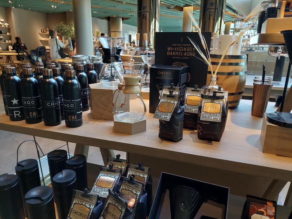 Merchandise for sale at the Starbucks Reserve Roastery in Chicago