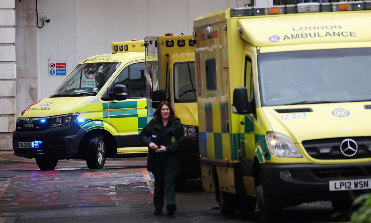 <span>NHS ambulances wait outside a hospital in London on 5 March 2024.</span><span>Photograph: Andy Rain/EPA</span>