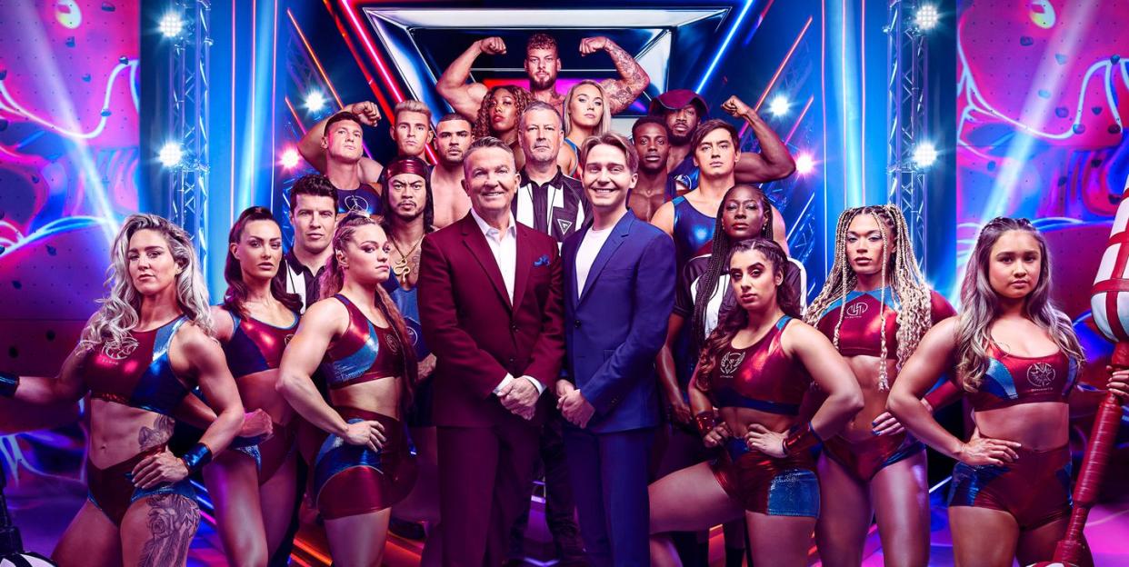 bradley walsh, barney walsh with gladiators legend, fire, bionic, diamond, nitro, electro, giant, steel, apollo, comet, viper, athena, fury, phantom, sabre, dynamite