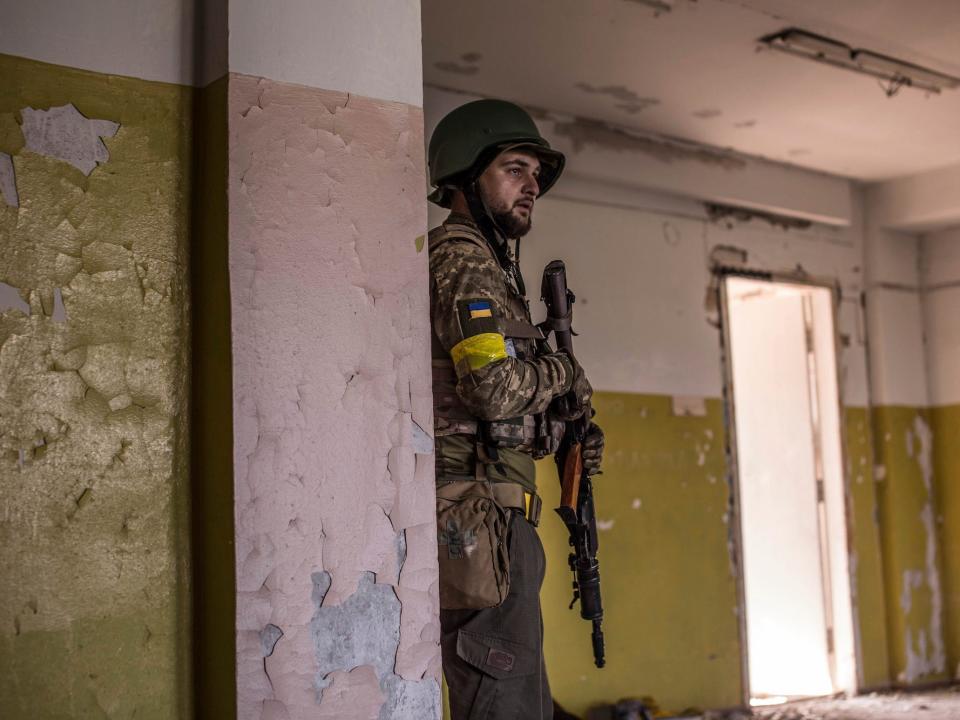 A Ukrainian soldier on the frontlines of the battle against Russian forces.