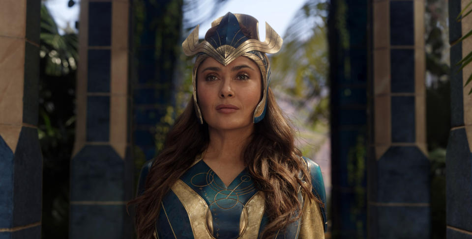 This image released by Marvel Studios shows Salma Hayek in a scene from "Eternals." (Marvel Studios via AP)