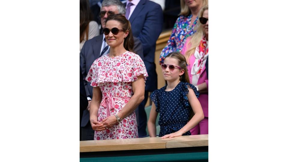 Pippa Middleton and Princess Charlotte of Wales court-side of Centre Court during the men's final on day fourteen of the Wimbledon Tennis Championships at the All England Lawn Tennis and Croquet Club on July 14, 2024 in London, England. (Photo by Karwai Tang/WireImage)