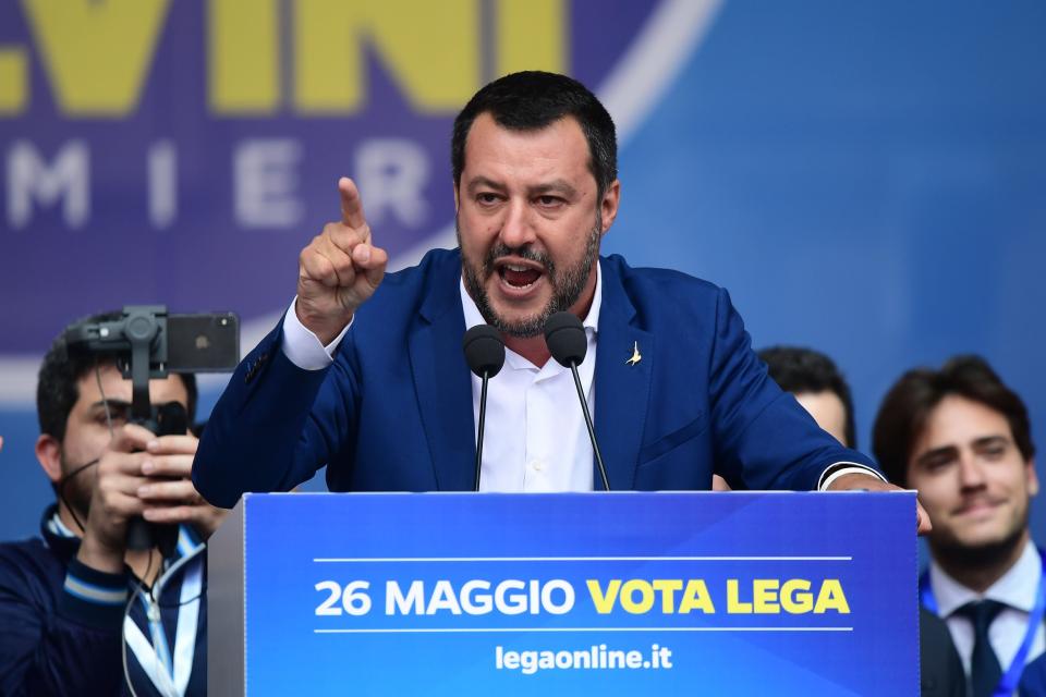Italian Deputy Prime Minister and Interior Minister Matteo Salvini&nbsp;delivers a speech during a rally of European nationalists ahead of European elections on May 18, 2019, in Milan. (Photo: Getty Images, Miguel Medina)