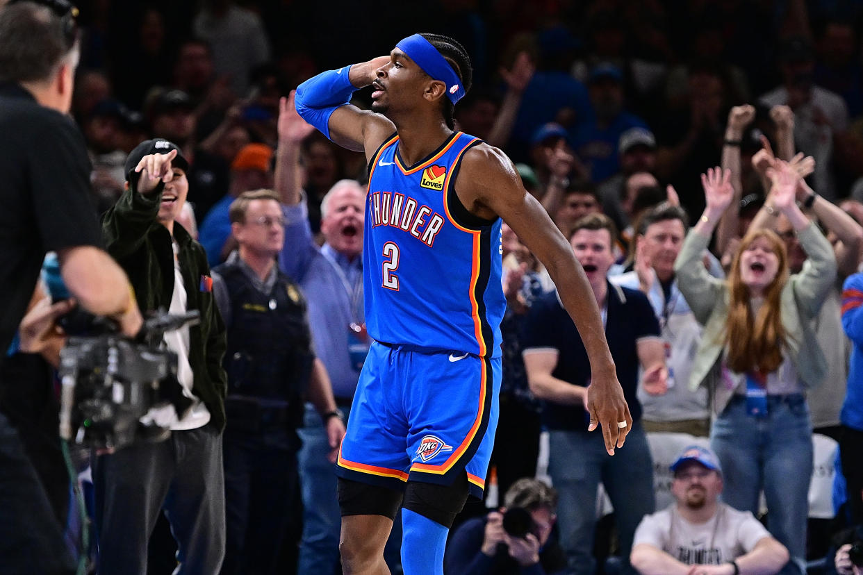 OKLAHOMA CITY, OKLAHOMA - APRIL 9: Shai Gilgeous-Alexander #2 of the Oklahoma City Thunder celebrates with fans after a win against the Sacramento Kings at Paycom Center on April 9, 2024 in Oklahoma City, Oklahoma. NOTE TO USER: User expressly acknowledges and agrees that, by downloading and or using this Photograph, user is consenting to the terms and conditions of the Getty Images License Agreement. (Photo by Joshua Gateley/Getty Images)