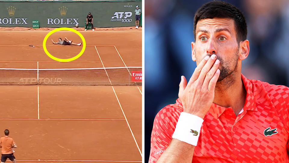 Novak Djokovic (pictured right) reacts to the crowd and Alexander Zverev takes a fall at Monte Carlo.