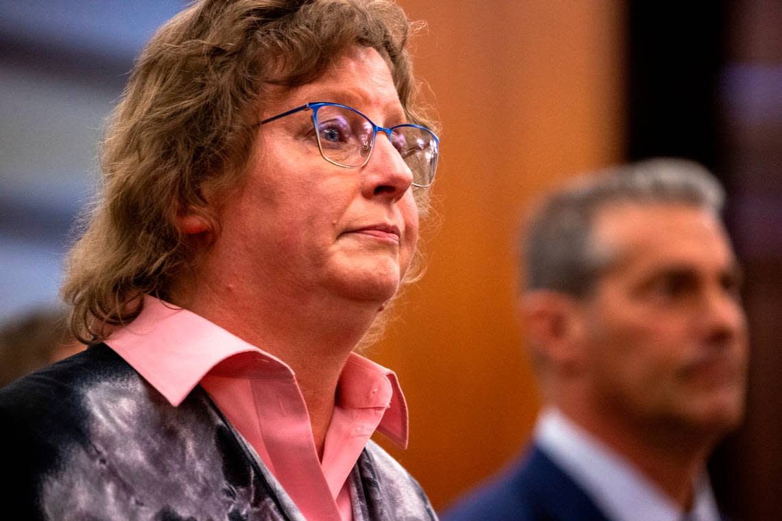 Ginger Hadwin, the sister of Gloria Satterfield, reads a letter to Alex Murdaugh during the sentencing for Murdaugh’s financial crimes in the Beaufort County Courthouse on Tuesday, Nov. 28, 2023. Andrew J. Whitaker/The Post and Courier/Pool awhitaker@postandcourier.com/Andrew J. Whitaker