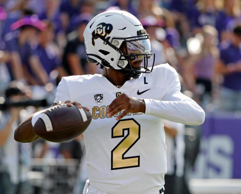 Colorado quarterback Shedeur Sanders (2) warms up before the first half of a NCAA football game at Amon G. Carter Stadium in Fort Worth,Texas, Saturday Sept. 02, 2023. (Special to the Star-Telegram Bob Booth)