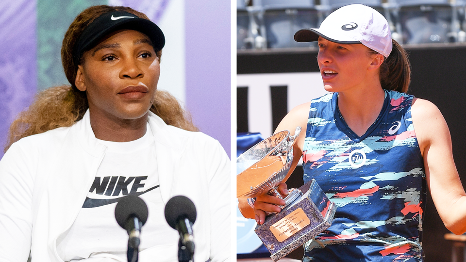 Tennis icon Serena Williams (pictured left) during a Wimbledon press conference and (pictured right) Iga Swiatek celebrating with her trophy.