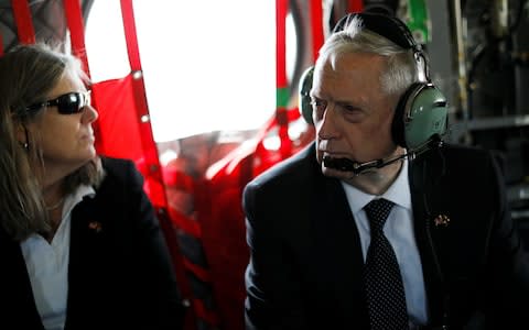 US Defense Secretary James Mattis and senior advisor Sally Donnelly arrive via helicopter at Resolute Support headquarters in Kabul, Afghanistan April 24, 2017 - Credit:  JONATHAN ERNST/Reuters