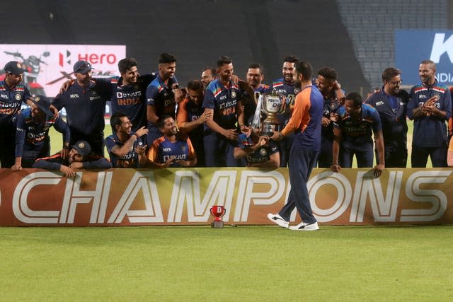 India celebrate victory in the one-day series against England