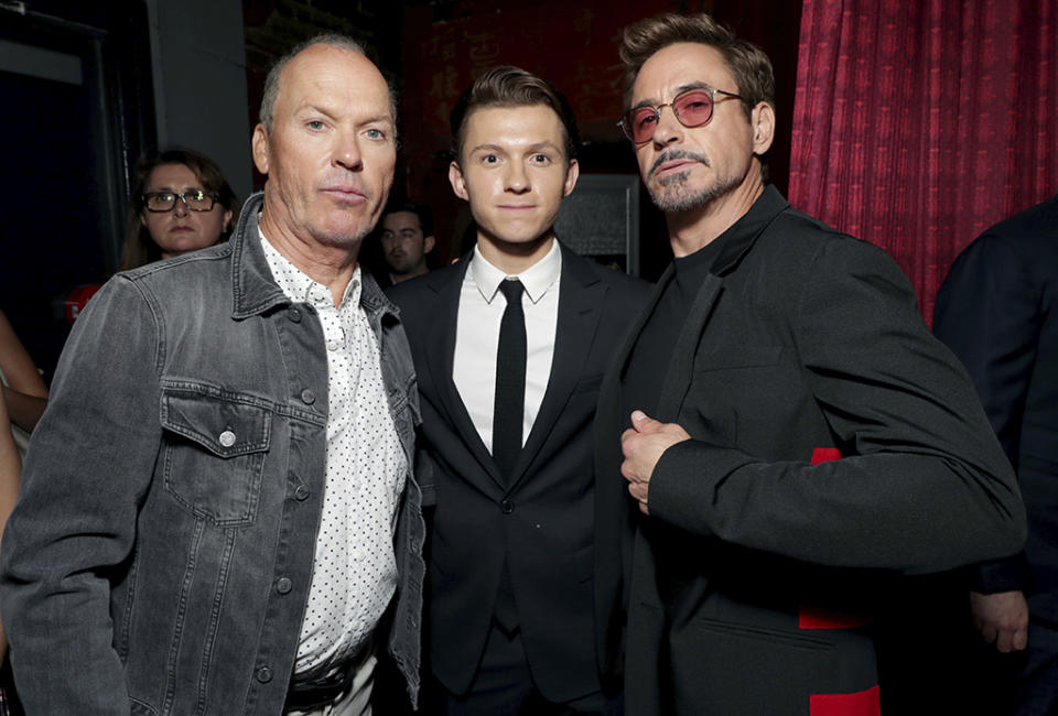 Michael Keaton, Tom Holland, and Robert Downey Jr.