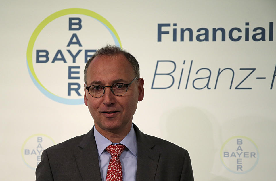 Werner Baumann, CEO of the Bayer AG company arrives for the annual press conference in Leverkusen, Germany, Wednesday, Feb. 27, 2019. ( Oliver Berg/dpa via AP)